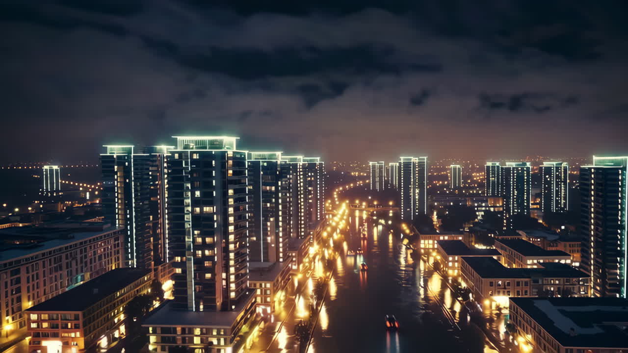 Night Cityscape with Illuminated Buildings and Canal