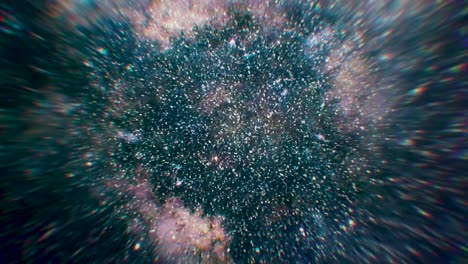 space dark background with flying particles, seamless loop. animation. space azure dust with stars on black background, endless galaxy concept