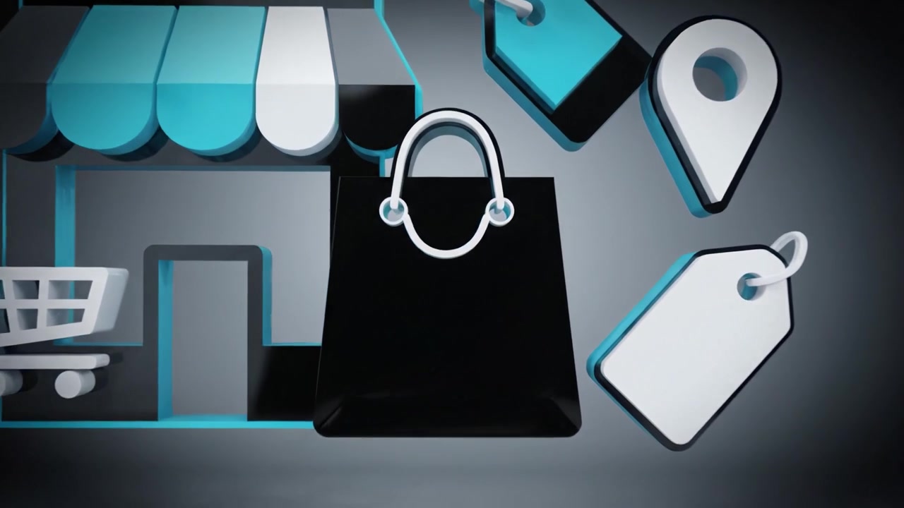 Elementos modernos de venta al por menor que incluyen carrito de compras, bolsas, etiquetas de precio e iconos de escaparate en azul y negro sobre un fondo oscuro para visualización de comercio electrónico