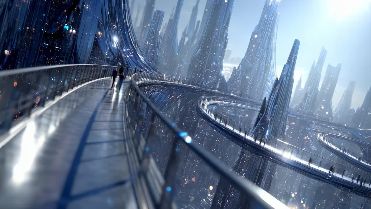 A Futuristic Cityscape: Exploring a Stunning Urban Environment with Towering Structures and Curved Walkways Beneath a Blue Sky, Representing Advanced Technology and Innovation