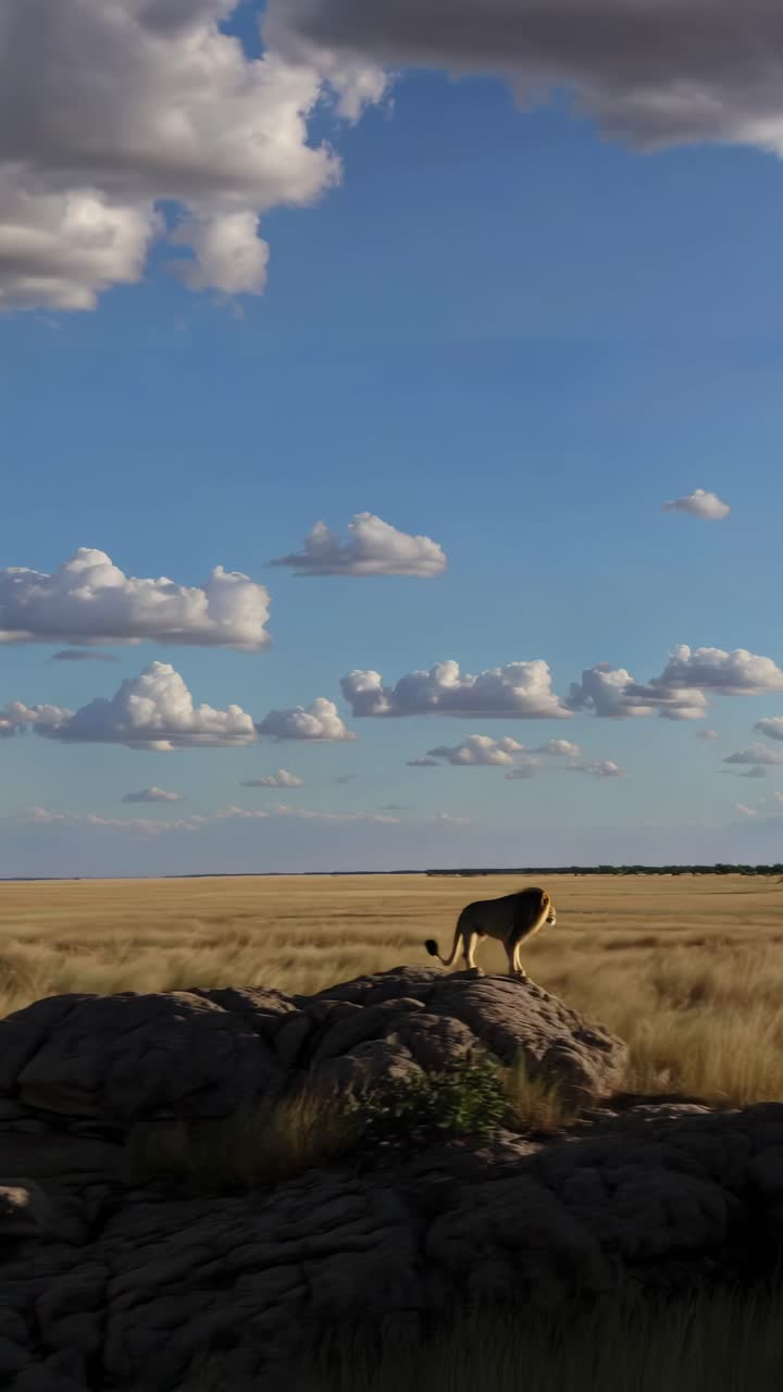 Majestic lion on rocky terrain, captured from a low-angle, highlighting its regal stance