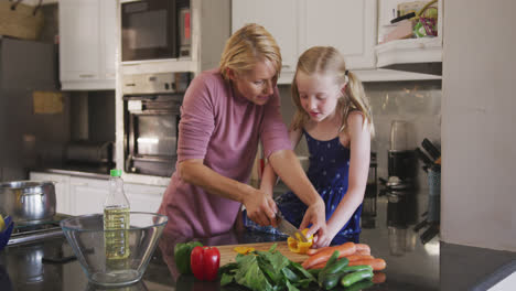 Vista-Frontal-De-Una-Mujer-Caucásica-Cocinando-Con-Su-Hija-En-Casa.