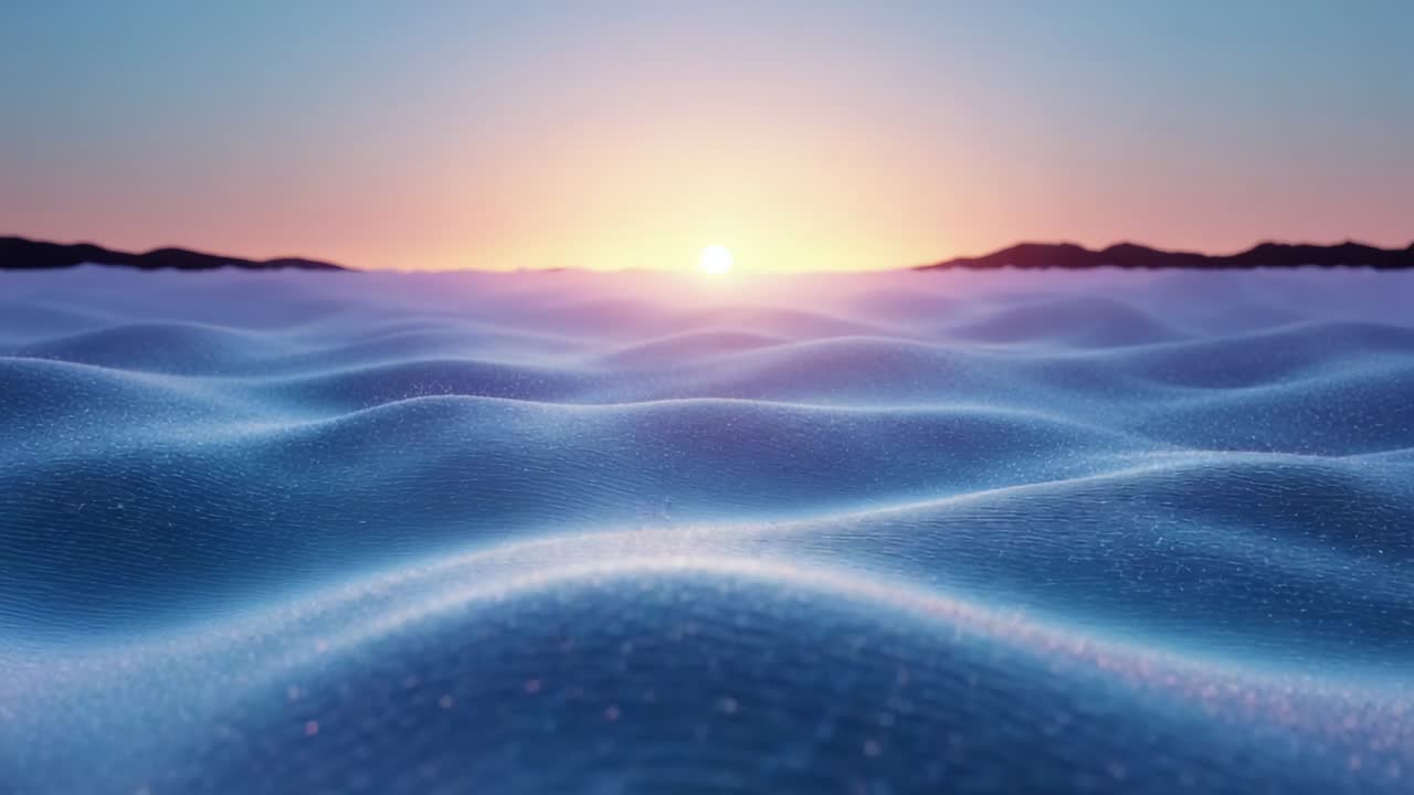 Emerging glow spurring simulated sun rising above ridged horizon over wave mesh, particles glinting