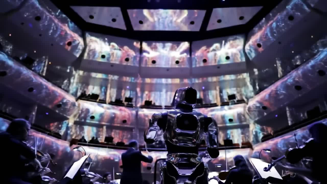 A robotic conductor skillfully guides a live orchestra amidst vibrant visuals in a modern concert hall. The performance showcases the blend of technology and artistry.