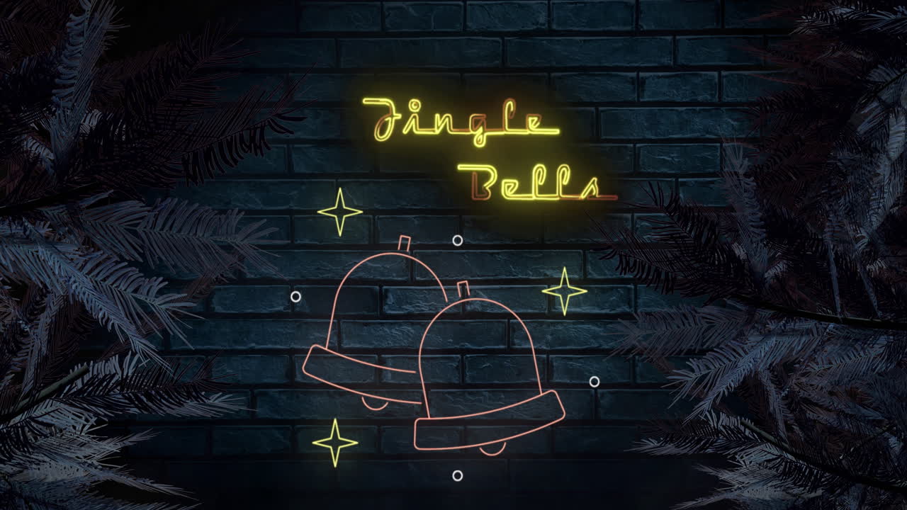 Animation of jingle bells text at christmas over bells and fir trees