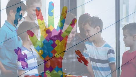 Animation-of-colourful-hand-over-kids-and-man-using-electronic-devices