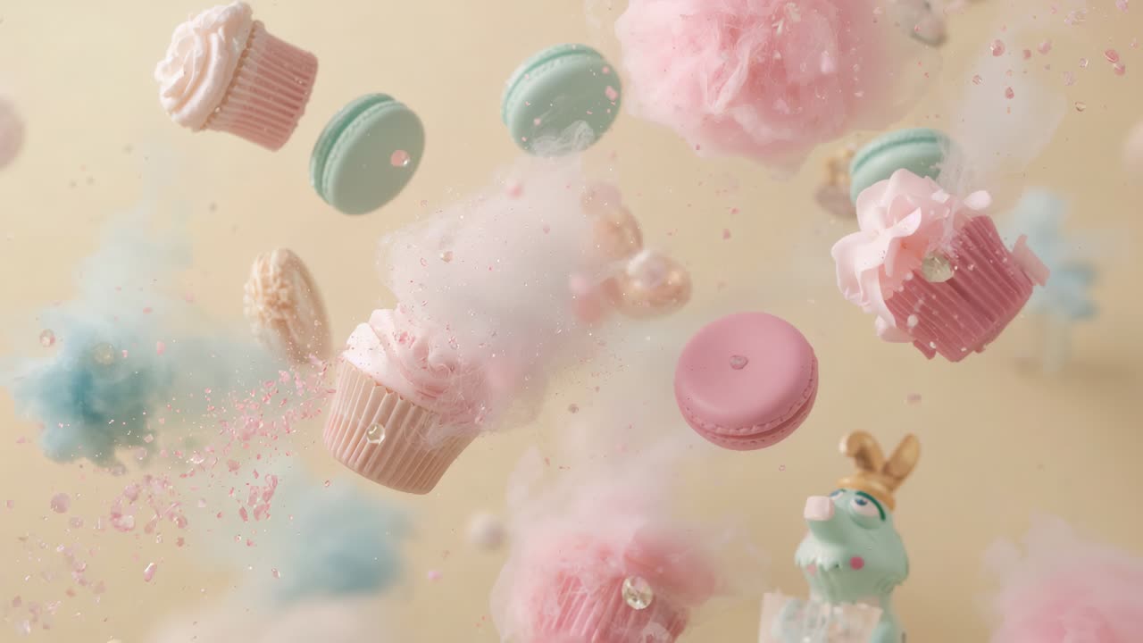 スタジオの空に漂うパステルカラーの塊、傾いたカップケーキとマカロン、綿菓子、顔をのぞかせるウサギ。