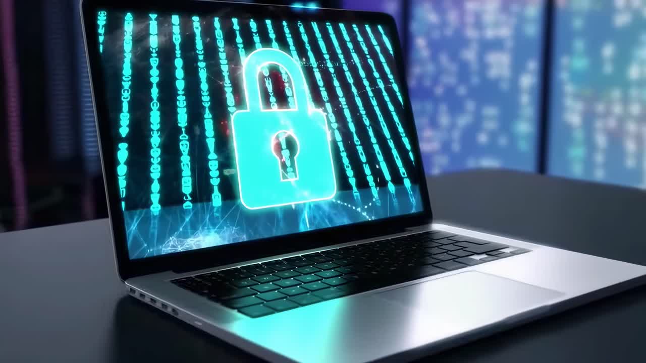 Side angle of a laptop with a digital lock, conveying cybersecurity in a video style