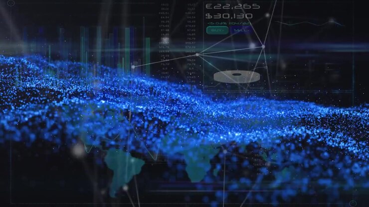 UI reacting to numeric label appearance, wave flowing and values updating showing market trends