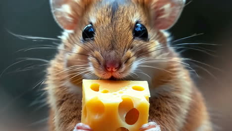 close-up of a mouse enjoying a piece of cheese in nature. a mouse holds a block of cheese, focused on its meal in a natural setting.