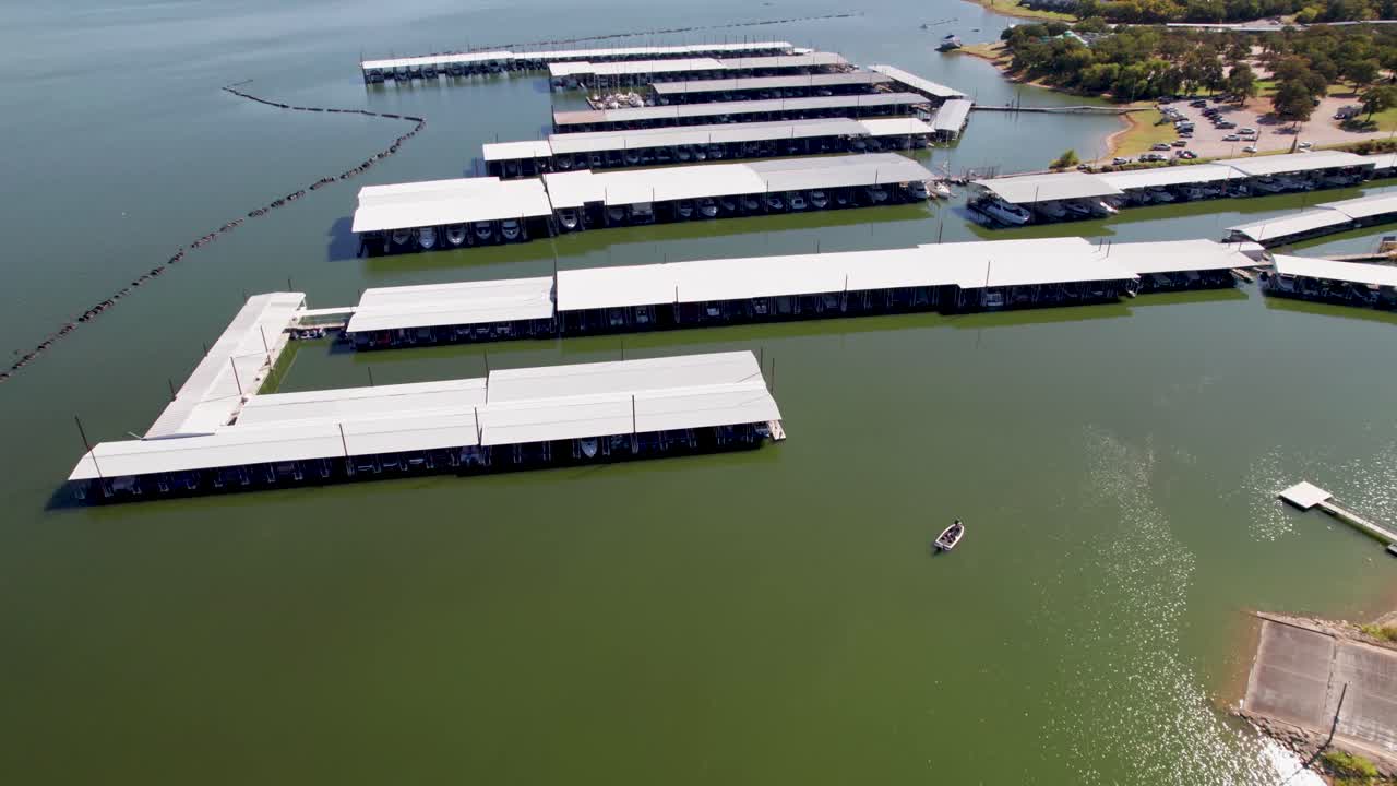Aerial footage of the Eagle Point Marina on Lake Lewisville in Texas