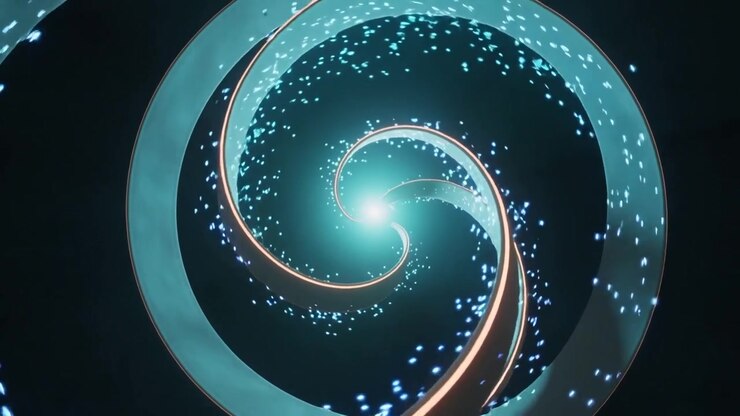 Zooming camera urging twin teal ribbons rotating inward toward cyan core in void, converging sparks