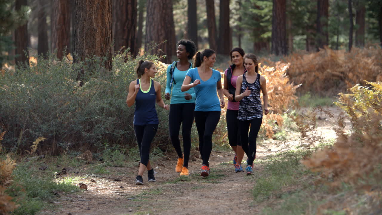 Group of five women runners talking as they walk in a forest