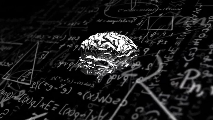 Animation of metallic human brain over mathematical equations