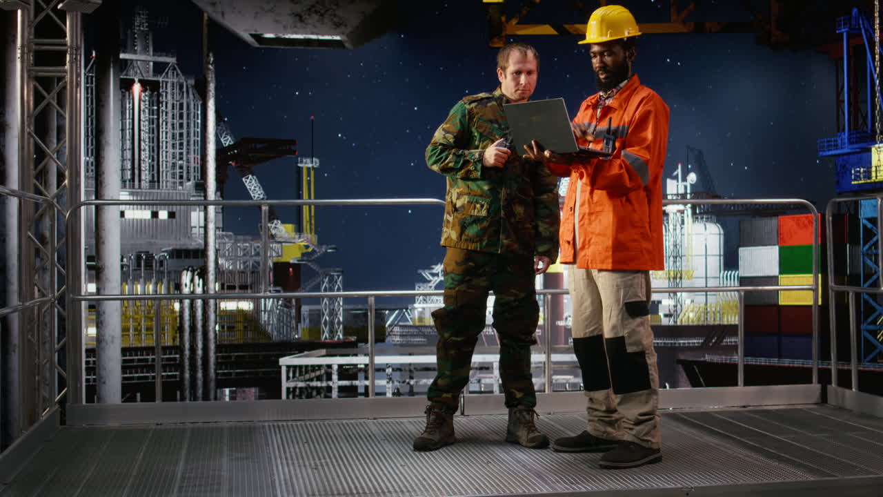 Military personnel on offshore vessel speak through walkie talkie