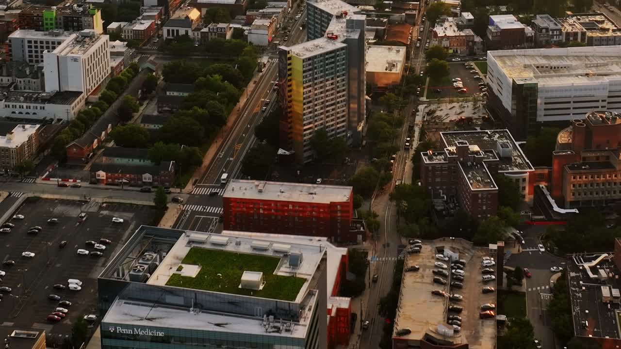 Exploring the vibrant streets of Philadelphia from above at sunset