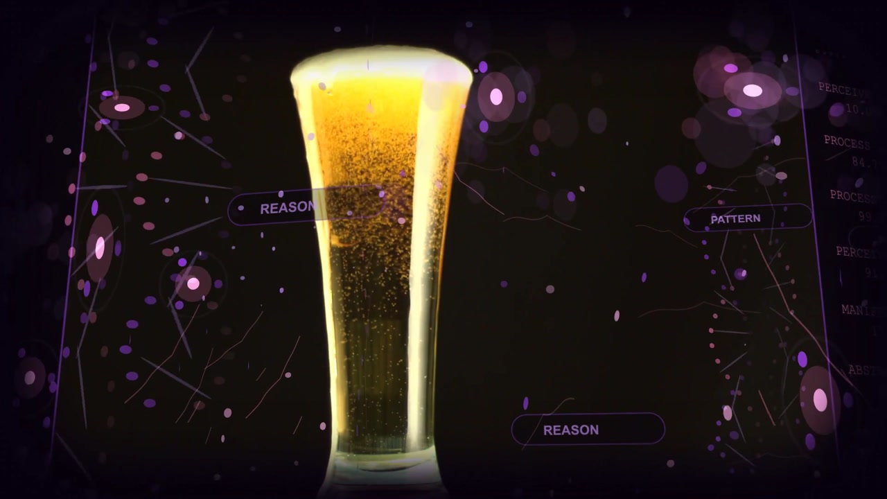 Beer glass centering as frames advancing, panels scrolling, nodes pulsing, showing brewing metrics