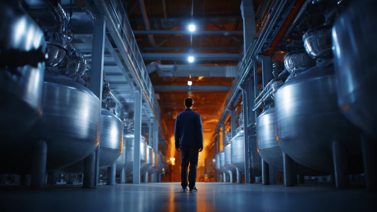 A solitary figure navigates through an expansive industrial facility, surrounded by large metallic tanks that showcase the environment's intricate design, illuminated by artificial lighting reflecting modern manufacturing complexities