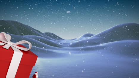 Animation-of-santa-claus-carrying-huge-christmas-gift-and-snow-falling-in-winter-landscape