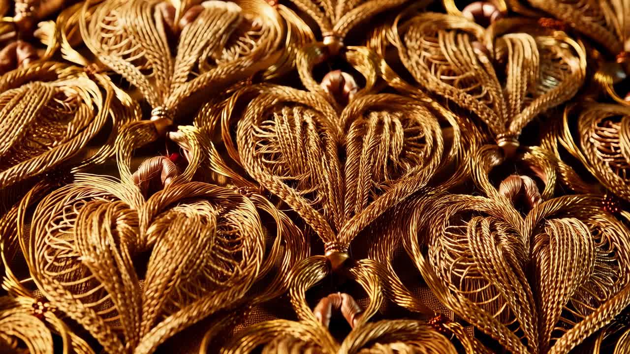 Camera moving closer, revealing braided metallic heart motifs in studio to expose knots, warm light