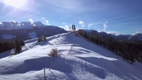Rising-up-along-a-mountain-ridge,-snow-buried-fence,-glorious-panorama,-Hundwiler-Hoehe,-aerial
