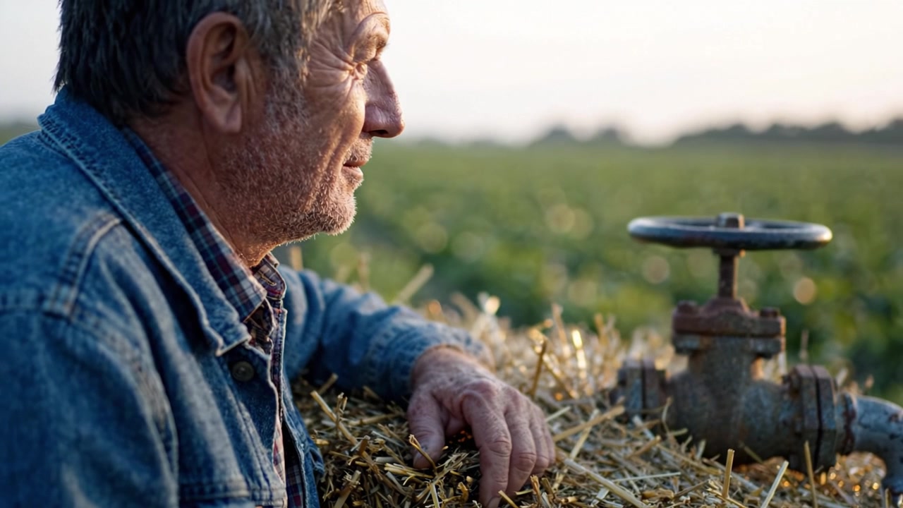 Un contadino contemplativo osserva il suo campo riposando accanto a una vecchia valvola dell'acqua, mostrando la connessione tra agricoltura e irrigazione nella vita rurale