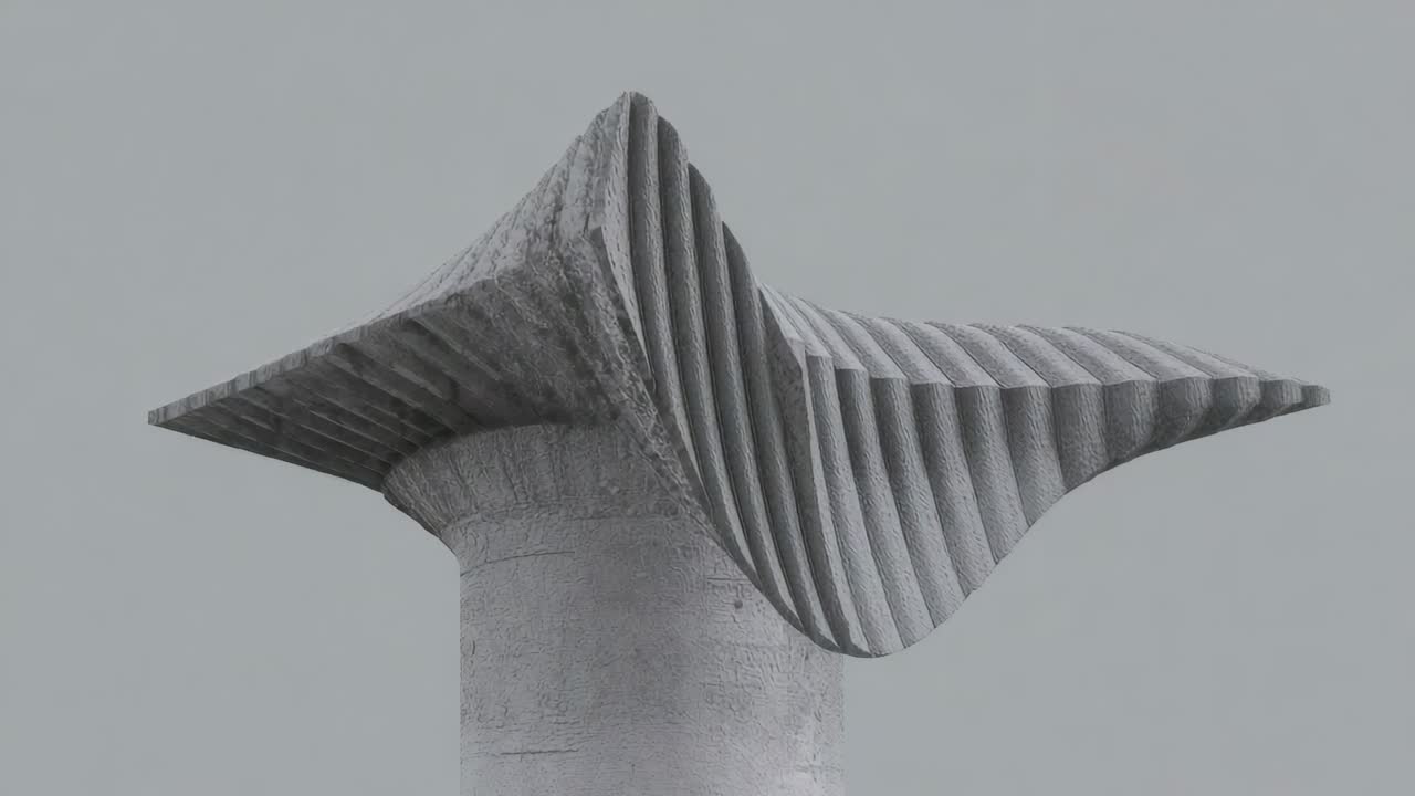 Rotating camera revealing ribbed canopy atop concrete column against overcast sky, showing texture