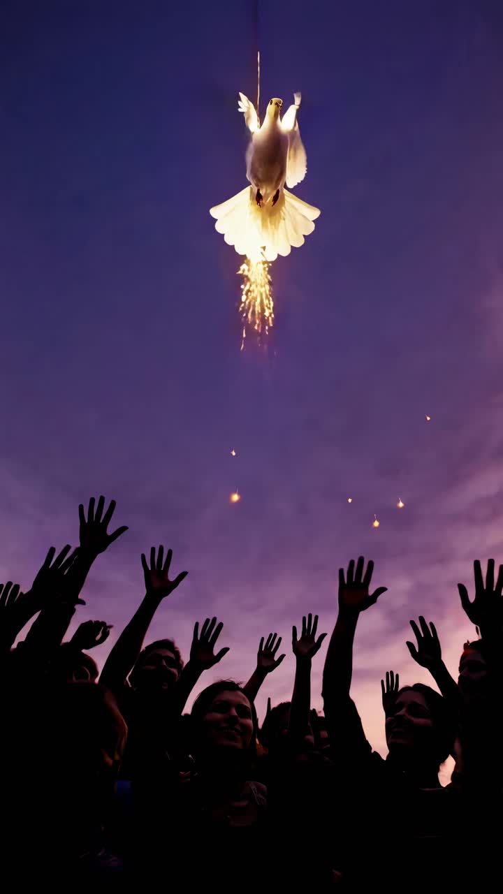 A video captures a low-angle view of a glowing dove ascending, with silhouetted hands reaching
