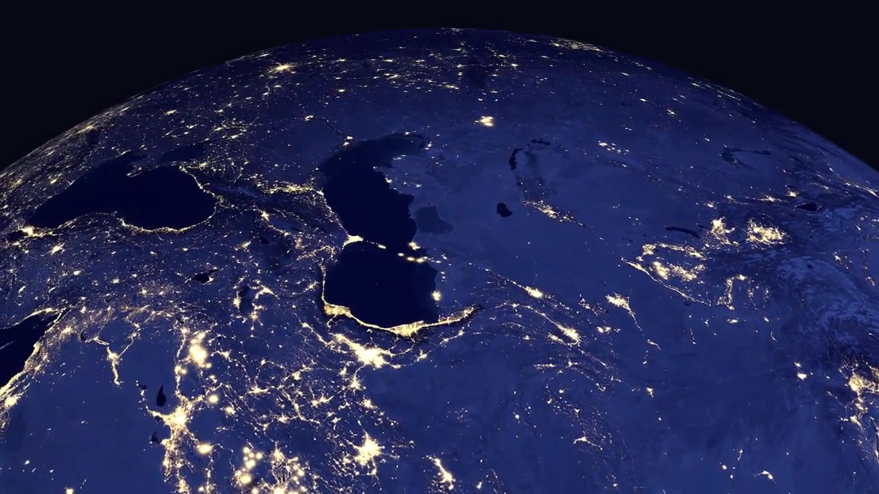 Digital globe zooms from space into a night view of Baku Azerbaijan with city lights