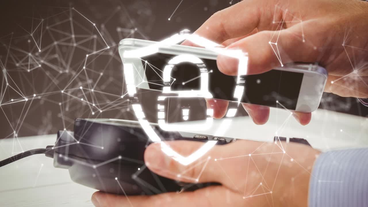 анимация сети соединений через смартфон и платежный терминал