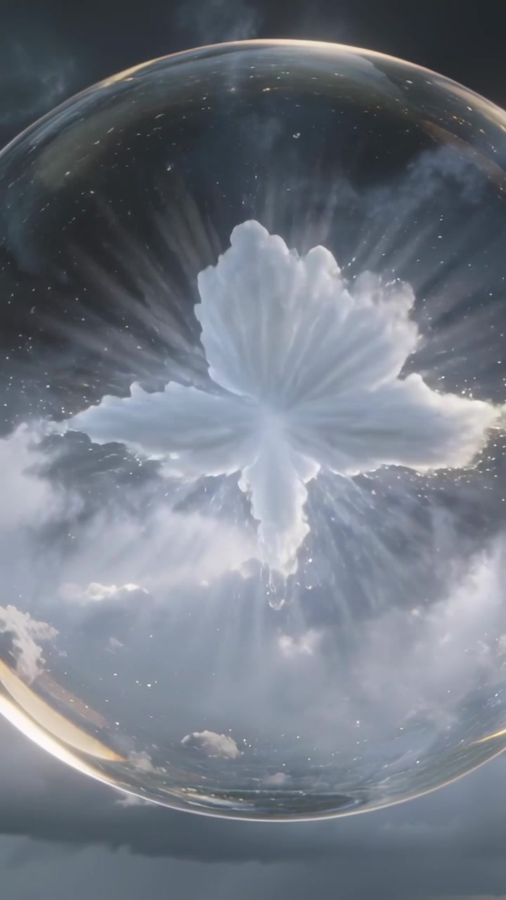 Video verticale: Nuvola che si condensa all'interno di una sfera di vetro retroilluminata, formando cinque lobi e poi illuminandosi