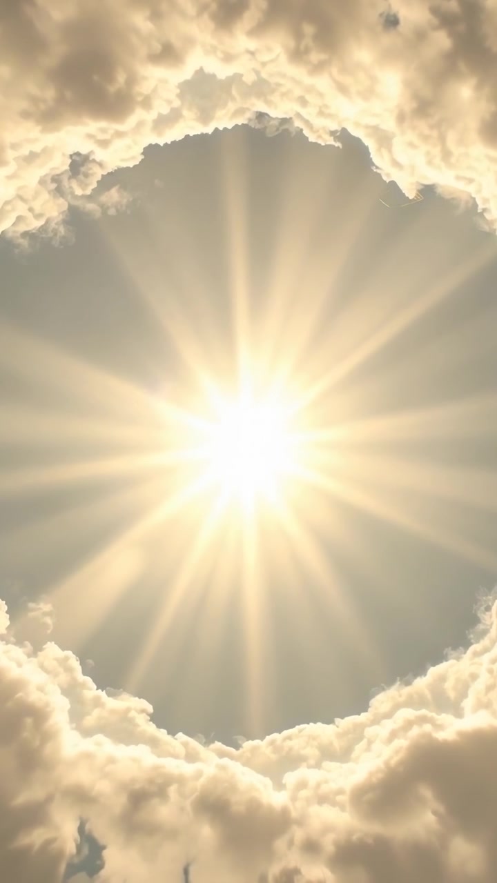 Vertical video: Shifting clouds showing sun beaming through cloud ring above, lighting edges