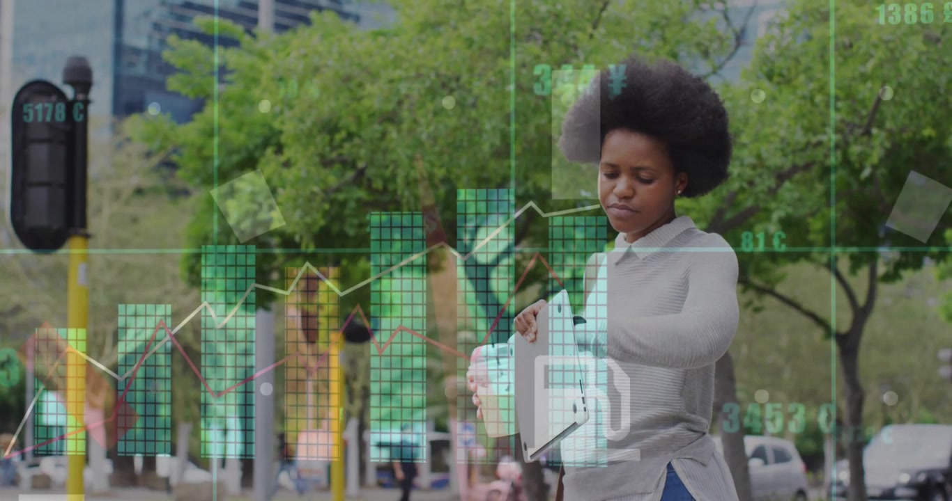Animação de ícones, gráficos, mulher afro-americana com café e tablet digital olhando para o relógio