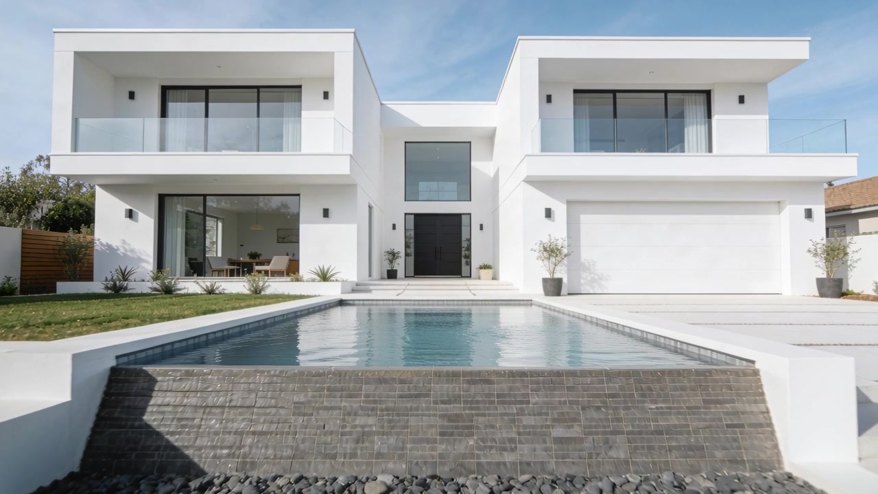 Telecamera bassa che si allontana, rivelando una moderna casa bianca e una piscina frontale per l'annuncio immobiliare.