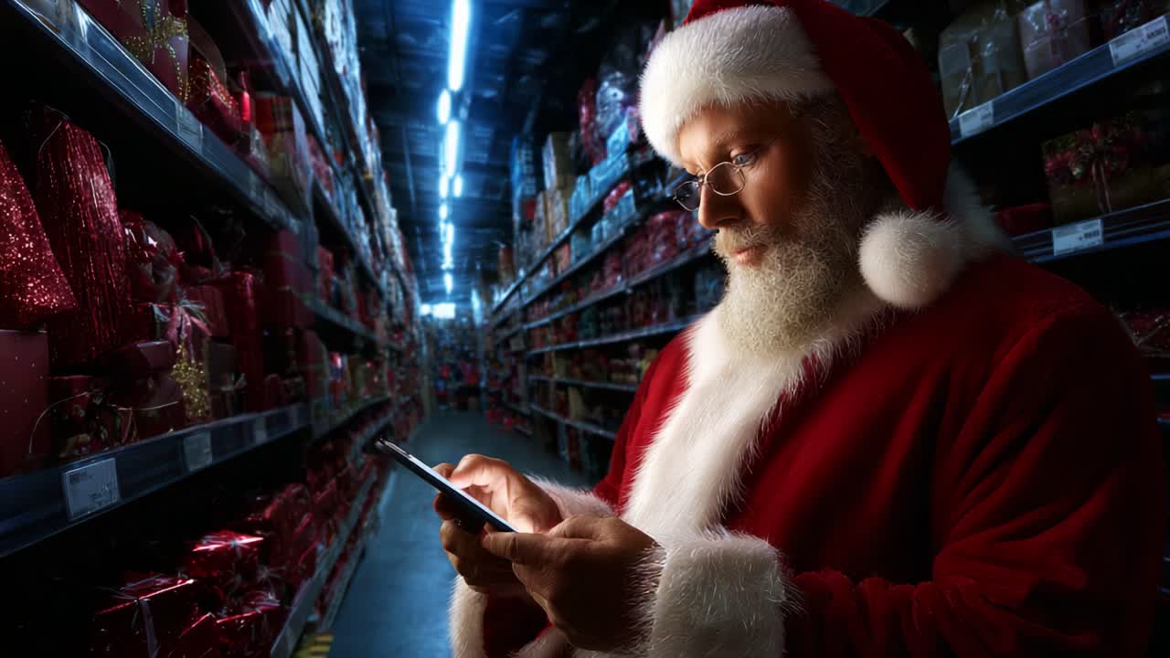 Santa Claus Checks His Phone in a Festively Decorated Aisle, Surrounded by Christmas Gifts and Decorations While Managing Holiday Preparations in a Warehouse