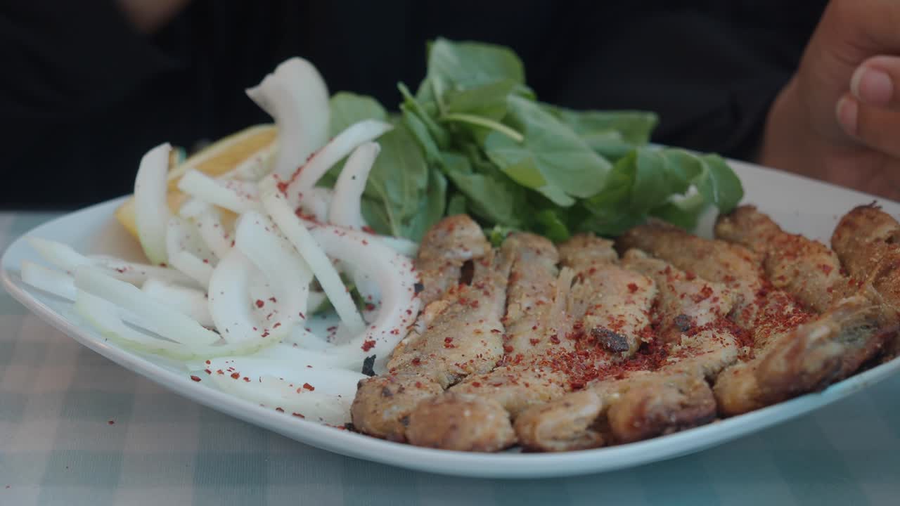 Plate of food with meat, onions, and salad