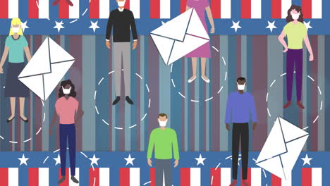 multiple envelope icons falling over people wearing face masks against american flag