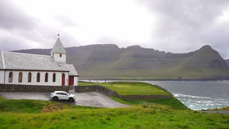 white church of vidareidi standing facing the atlantic ocean