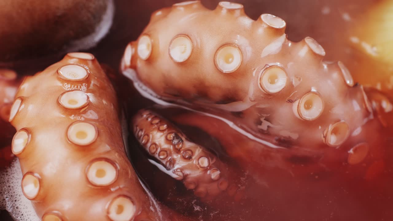 Octopus cooking, chef Boiling fresh octopus on restaurant kitchen, healthy food, seafood cafe in spain, traditional asian japanese spanish and mediterranean dish.