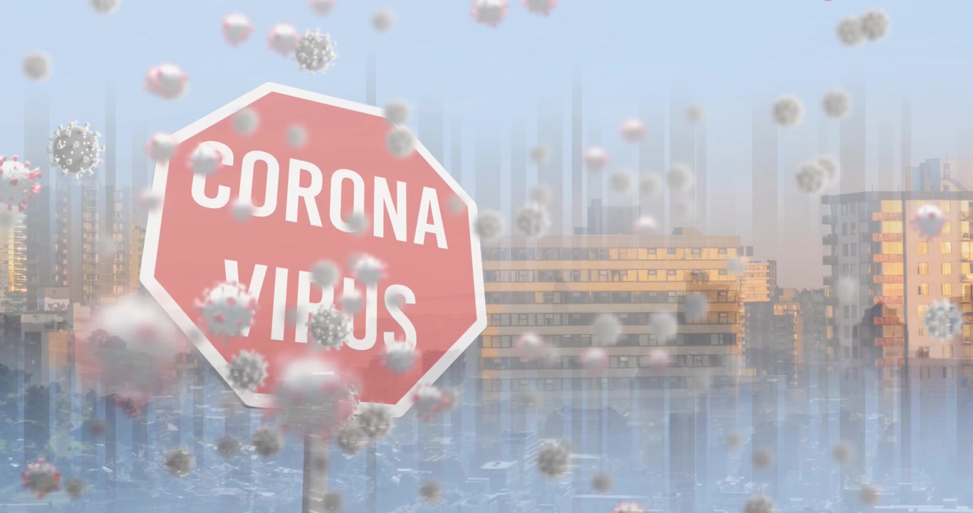 Animação de sinal de proibição do coronavírus sobre paisagem urbana