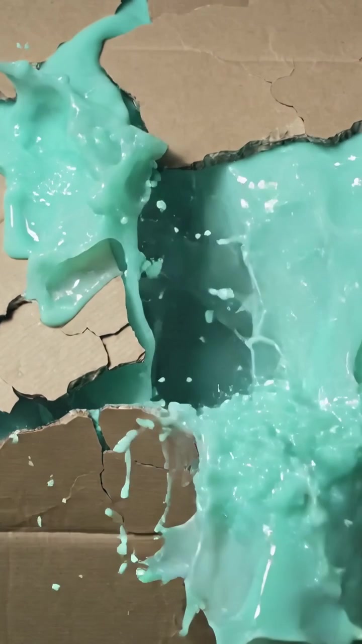 Vertical video: Pouring turquoise liquid flowing through torn corrugated cardboard, filling cavity
