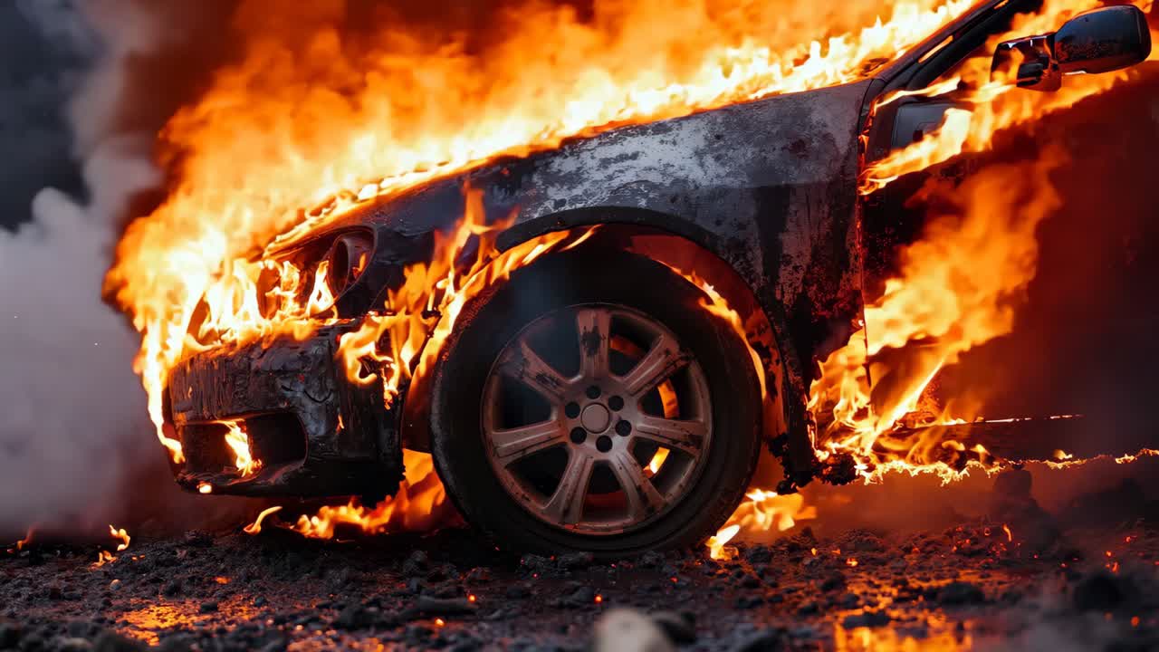 도로 에 불타는 차