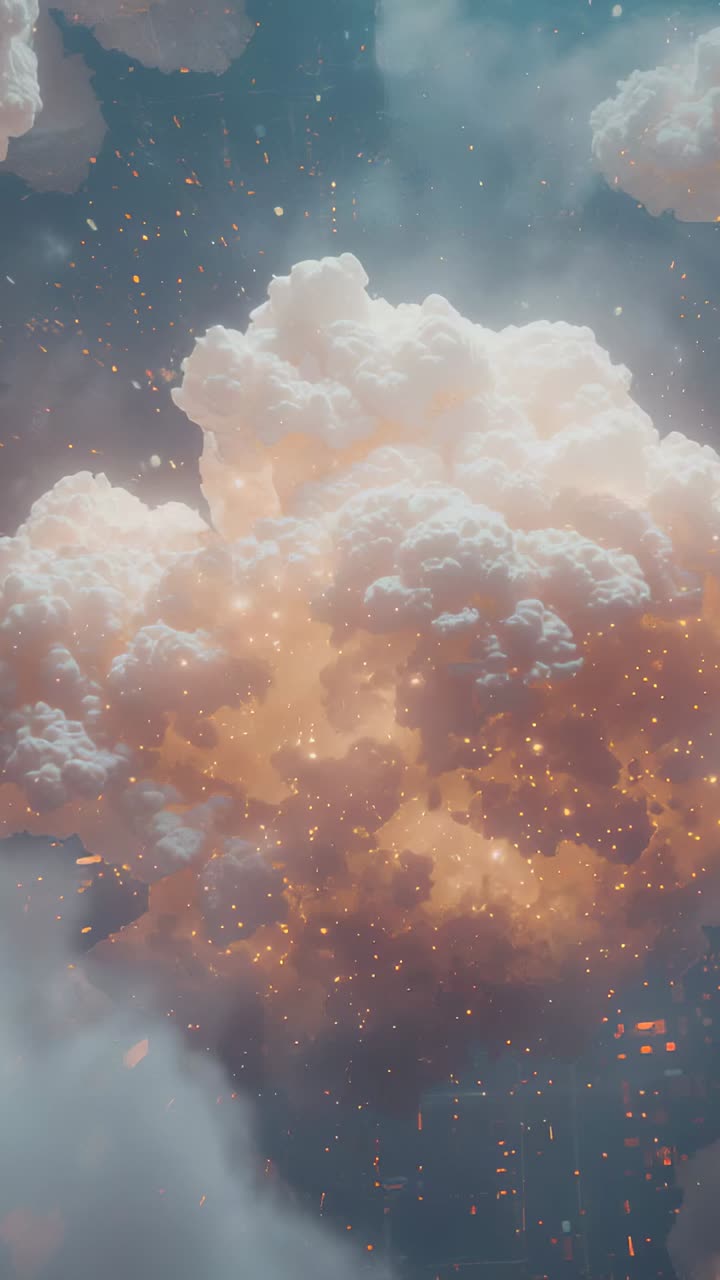 Vertical video: Pulsing cloud with orange core rising in open sky, emitting ember-like particles