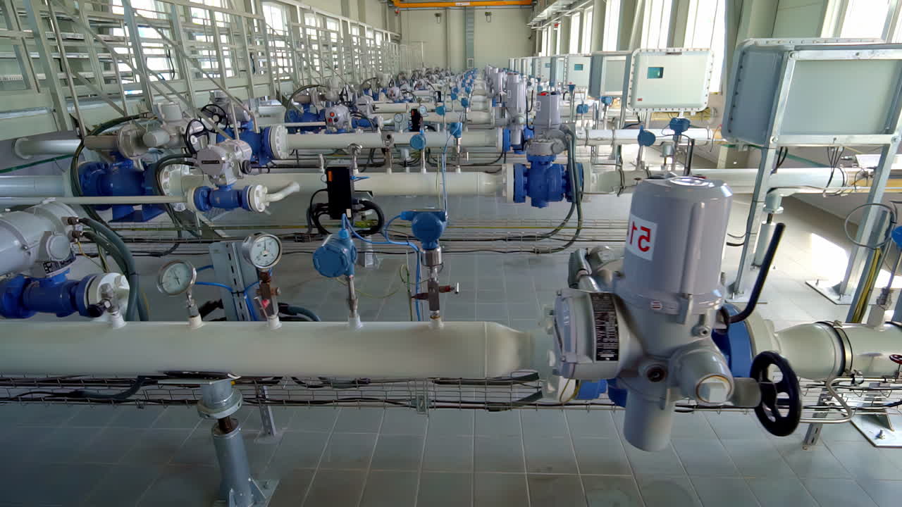 File di tubazioni industriali dotate di valvole, manometri e attuatori che attraversano una struttura pulita e ben illuminata - panoramica a destra
