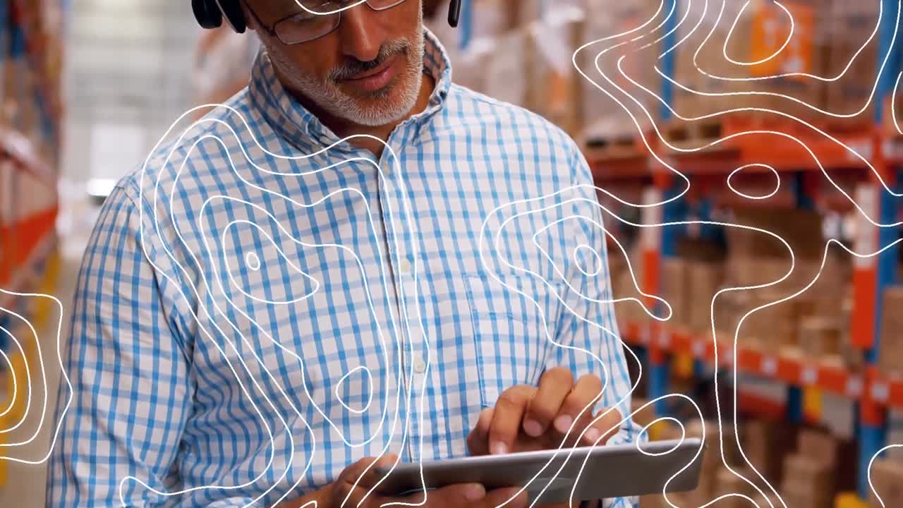 animación de líneas blancas sobre el hombre usando la tableta en el almacén