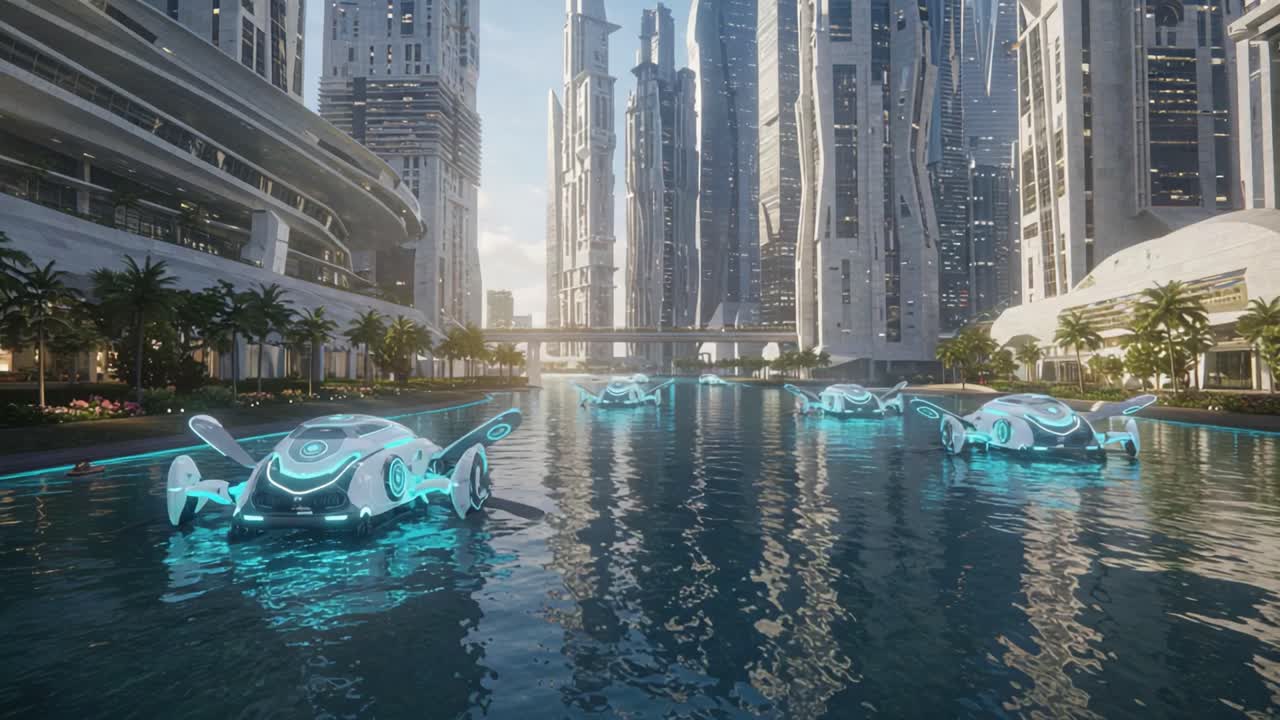 A Futuristic Cityscape Featuring Advanced Floating Vehicles Illuminated by Vibrant Blue Lights Gliding Through a Serene Waterway Surrounded by Sleek Skyscrapers and Lush Palm Trees