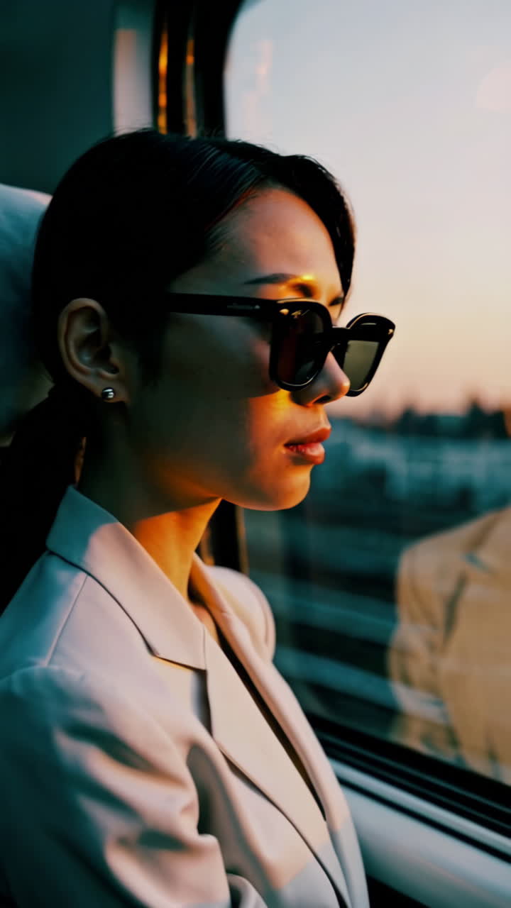 mujer viajando en tren al atardecer
