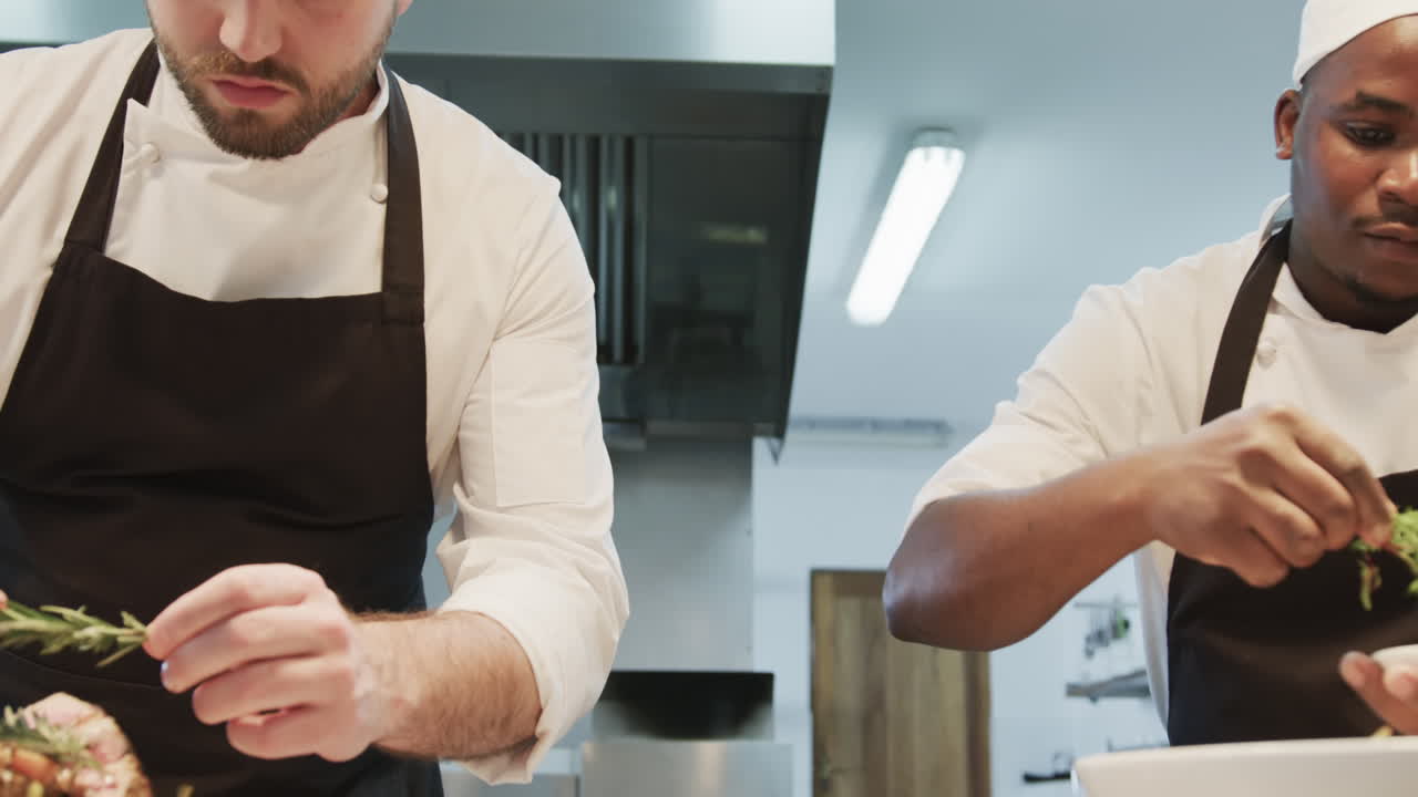 dos cocineros varones diversos decorando las comidas en la cocina, en cámara lenta