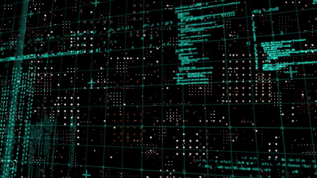 animación del procesamiento de datos a través de la red de cuadrícula contra el patrón de puntos de filas en fondo negro.