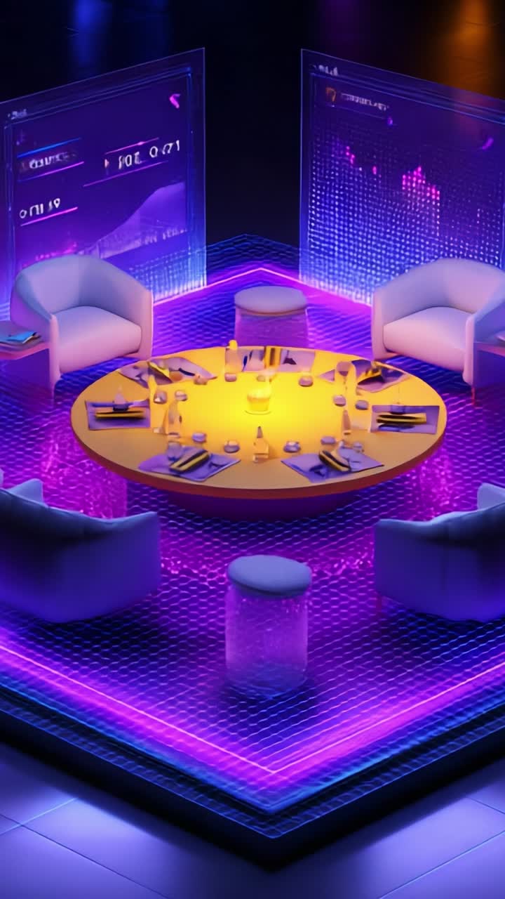 Futuristic Dining Setup with Neon Lighting and Interactive Screens Creating an Immersive Experience in an Exclusive Social Atmosphere